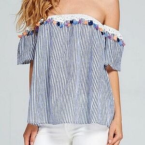 Listicle Top Tassle Fringe Off The Shoulder Stripe Blue White Relaxed sz S
